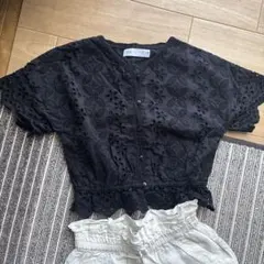 ZARA ブラック刺繍半袖シャツとホワイトパンツセット