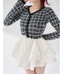 ダーリッチ　ボリュームフリルツイードニットミニワンピース