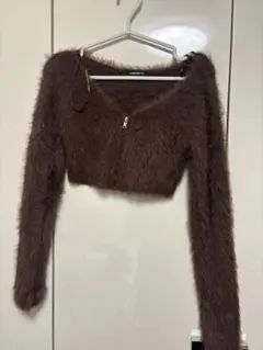 dispark ブラウン クロップドファーカーディガン