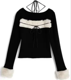 GRL ファーホルターネックリボンニットトップス ブラック[ru1387]