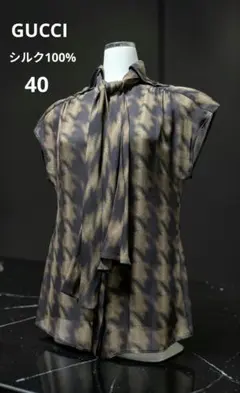 美品】GUCCI グッチ シルク混 リボンタイ付き ノースリーブトップス 38 