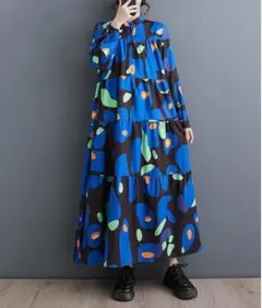 大きいサイズ新品 レディース 花柄 春秋長袖ティアードワンピース ゆったり