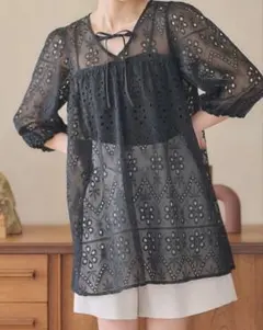 earth music&ecology パフスリーブ楊柳刺繍チュニック