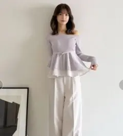 ☆美品☆ overEパール付きペプラムリブカットソー ラベンダー 96 