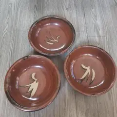 民藝皿　和食器 3枚セット 飴釉 刷毛目 陶器　益子焼？希少作品 民芸 民藝のサムネイル