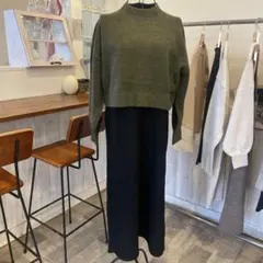 ブージュルードオリーブグリーンニット×ブラックロングワンピース