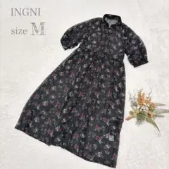 【イング】INGNI 花柄シースルーロングワンピース 半袖 ブラック M ○