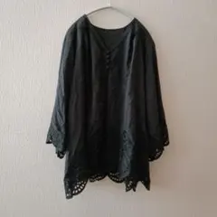 チェニック ブラウス ブラック M ふんわり袖 カットワーク刺繍 カジュアル