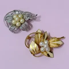 花とパールのブローチ　2点セット　ゴールド　シルバー　コサージュ