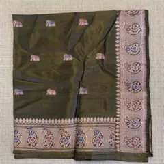 アジア雑貨 オリーブグリーンの象刺繍ストール
