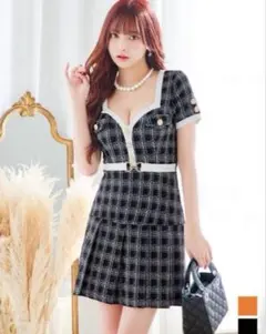 ブラックホワイトチェック柄 キャバドレス Lサイズ