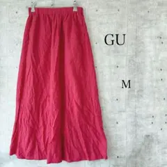 GU フレアスカート ロング ピンク レッド ゴムウエスト リネン混 M