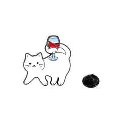 ピンズ バッジ ブローチ バッヂ (白猫 ねこ ネコ しっぽ ワイン グラス)