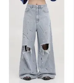 Masonprince ペンキ加工ワイドシルエット ワイドフレアデニム