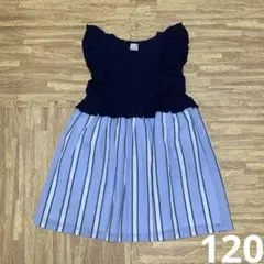 120cm プティマイン ネイビー × 水色ストライプ ワンピース レース