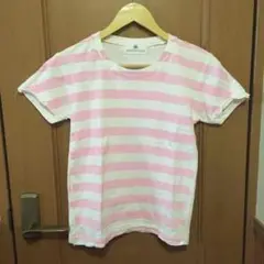 新品 手刷りのボーダー Tシャツ ピンク