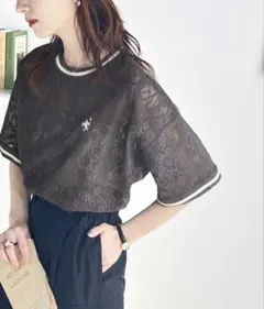 レース素材 オーバーサイズTシャツ ダークブラウン