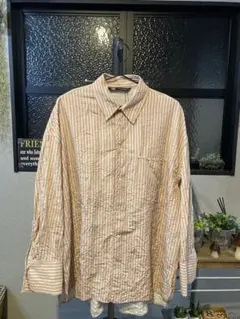 【美品/希少】ザラ　シワ加工 ストライプシャツ L ベージュ　ＸＸＬ相当