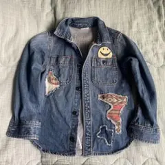 デニムシャツ　パッチワーク スマイリーフェイス