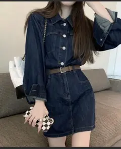 DAYCLOSET ショート丈】長袖 セパレート風 Aライン デニムワンピースのサムネイル
