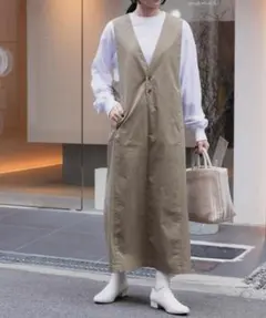 新品　FORK&SPOON　コットンナイロンVネックワンピース　カーキベージュ