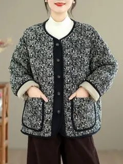 レトロ オーバーサイズ 綿 コート アウター 花柄 クルーネック 暖かい