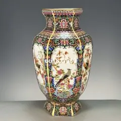 エナメル彩洋赤彩錦地開窓花鳥挿花賞瓶 景徳鎮陶磁器 装飾品 現代工芸