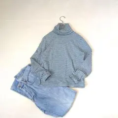 フランドル◇モックネック ボーダー 長袖 カジュアル カットソー『3』ブルー系