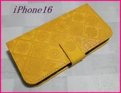 iPhone16 用 手帳型 スマホケース 浮き彫り調 アラベスク イエロー