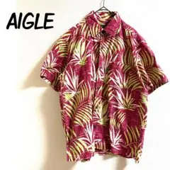 AIGLE エーグル アロハシャツ ボタニカル柄 綿100% 派手 夏 レッドのサムネイル