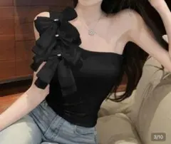 shein ブラック ワンショルダー リボン タンクトップ