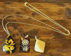 レトロ アンティーク べっ甲柄 琥珀風 ネックレス ゴールドカラー トップ3個付