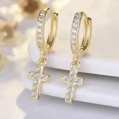 372P【人気】クロス ダイヤ ピアス K18コート CZ おしゃれ可愛い　素敵