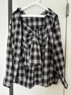 オンブレチェックシャツ　リボンビスチェ　セット　Heather