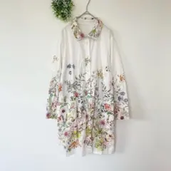 サヴォア】シルク混 七分袖 シアー チュニック シャツ ブラウス L 花柄 