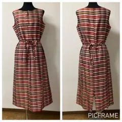 正絹シルク100％　ロングワンピース　ノースリーブ M 着物リメイク格子チェック