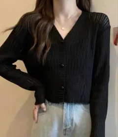 リブ編み ブラック カーディガン Vネック 長袖　　オフィスカジュアル
