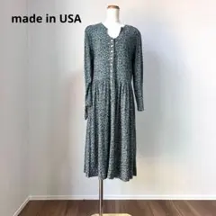 ヴィンテージ USA製 80s パールボタン 花柄 ロングワンピース 緑Y117