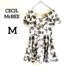 【セシルマクビー】フレアワンピース ホワイト×グレー M 花柄 ウエストゴム