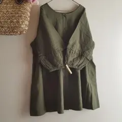 新品　SM2☆グリーン／前後着綿麻袖フリルブラウスチュニック
