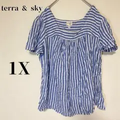 terra & sky 【1X】ストライプ 半袖トップス ブルー ホワイト