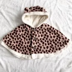 ベビー　猫耳　ピンクヒョウ柄　フリースポンチョ　赤ちゃんケープ　コート　アウター