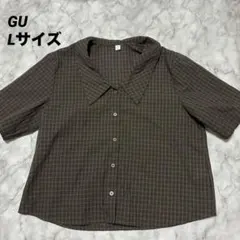 【GU】ジーユー　ビッグカラーブラウス　5分袖　ダークブラウン　Lのサムネイル
