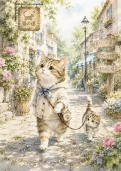 猫家族の幸せなおうち デジタルアート 癒し 水彩画風 A4 インテリア 猫