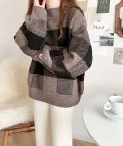 アルパカライクブロックチェックニットオーバーサイズプルオーバー モカ