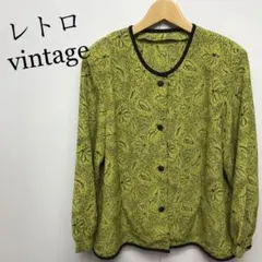 美品　レトロ　総柄ノーカラー　シャツ　ジャケット