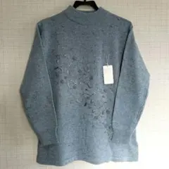 【新品】花刺繍パール付き長袖ニット L ブルーグレー 婦人服 ミセス