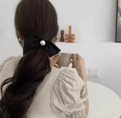 【大人気】 ヘアゴム　髪留め　髪飾り　パール　リボン　ブラック　韓国　かわいい