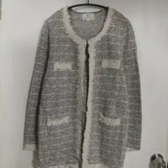 グレー ノーカラージャケット フリンジ付き　ニットロングカーディガン