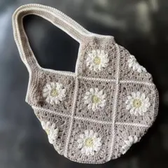 手編みバック　花モチーフ グラニーバッグ　　 内布付き